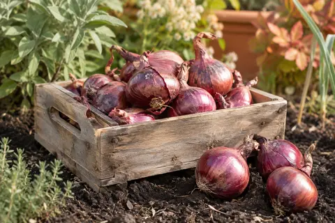 Bulbes d’oignon rouge Red Karmen à repiquer présentés dans une caissette en bois au potager.
