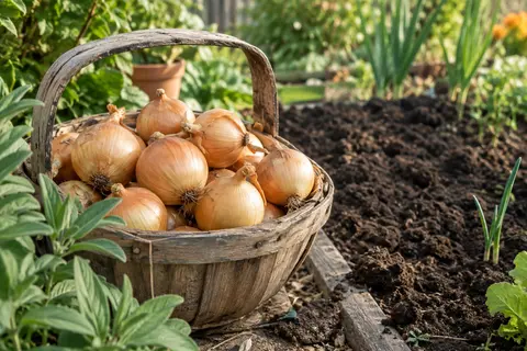 Bulbes ronds d’oignon jaune Sturon posés près d’une planche de terre préparée au potager