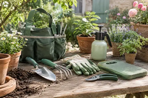 Kit d’outils de jardinage vert avec accessoires, sac de rangement, gants et coussin dans un jardin.