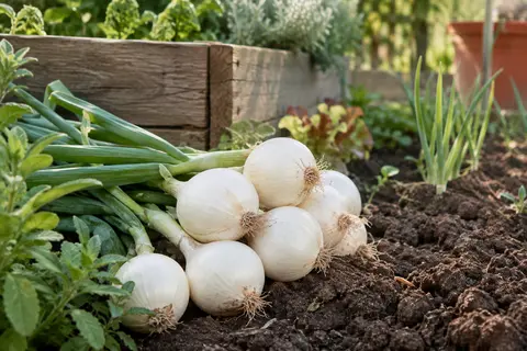 Bulbes d’oignon blanc Snowball prêts à planter près d’une parcelle de terre sombre au potager