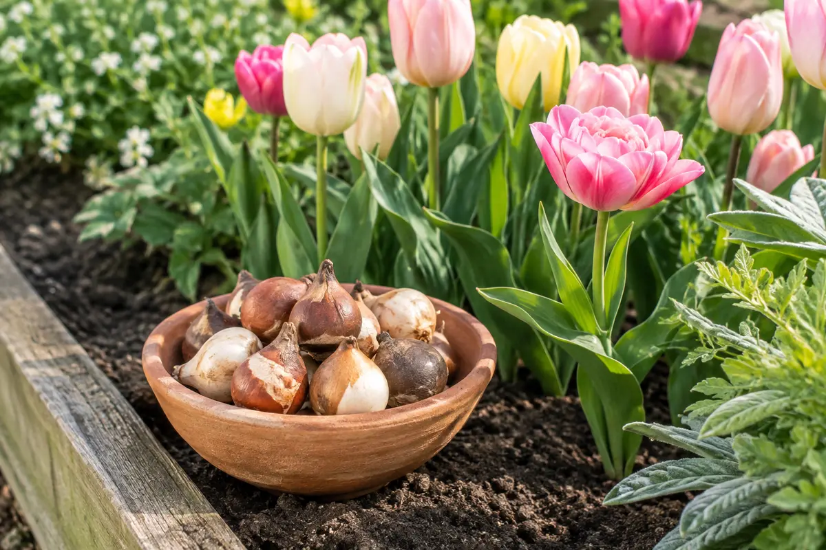 Bulbes de tulipes en terre cuite devant un massif printanier aux fleurs colorées