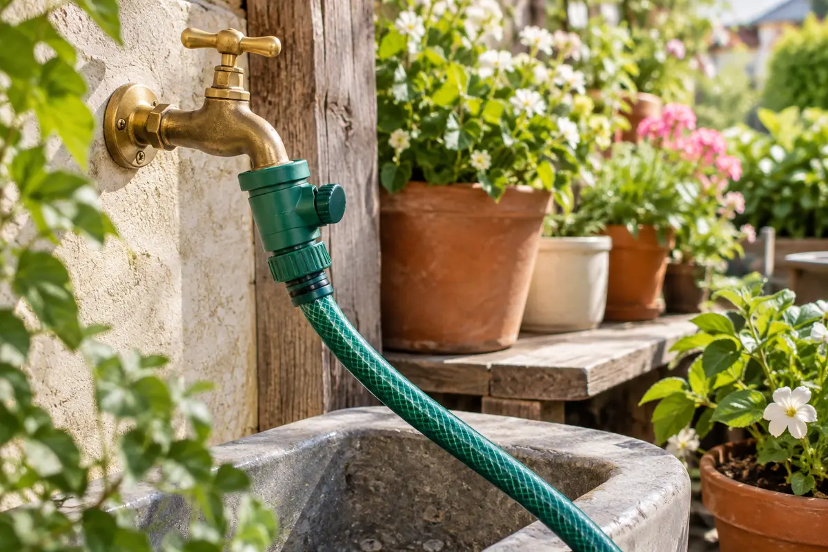 Adaptateur de robinet vert relié à un tuyau d’arrosage près de pots dans un jardin.