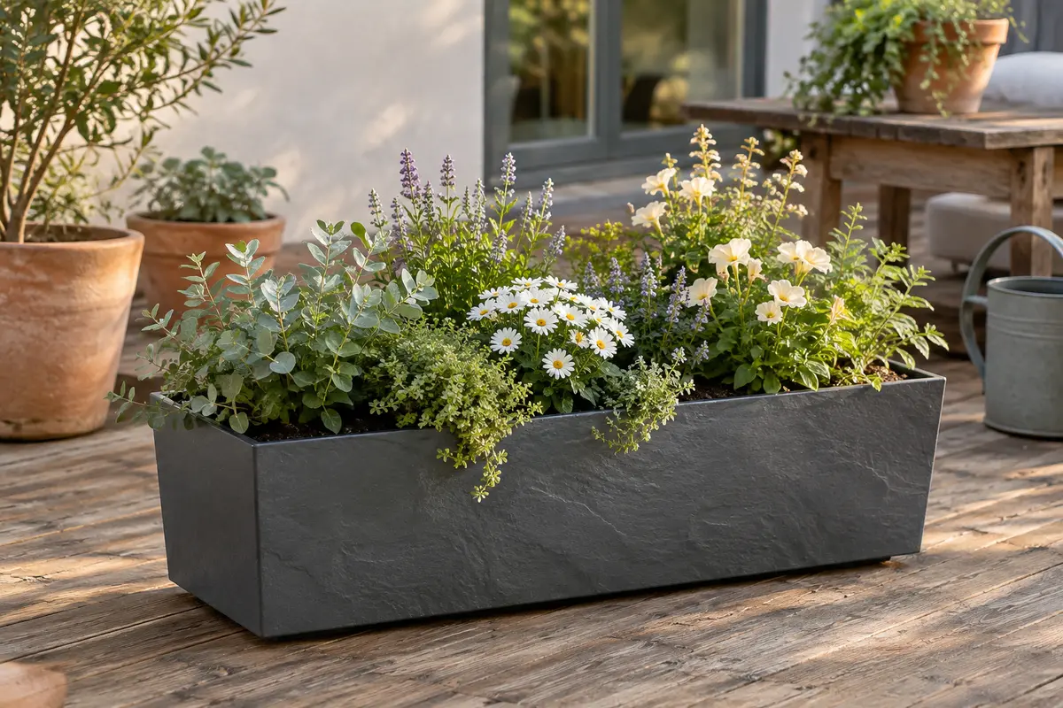 Jardinière rectangulaire anthracite effet pierre, garnie de plantes sur une terrasse en bois