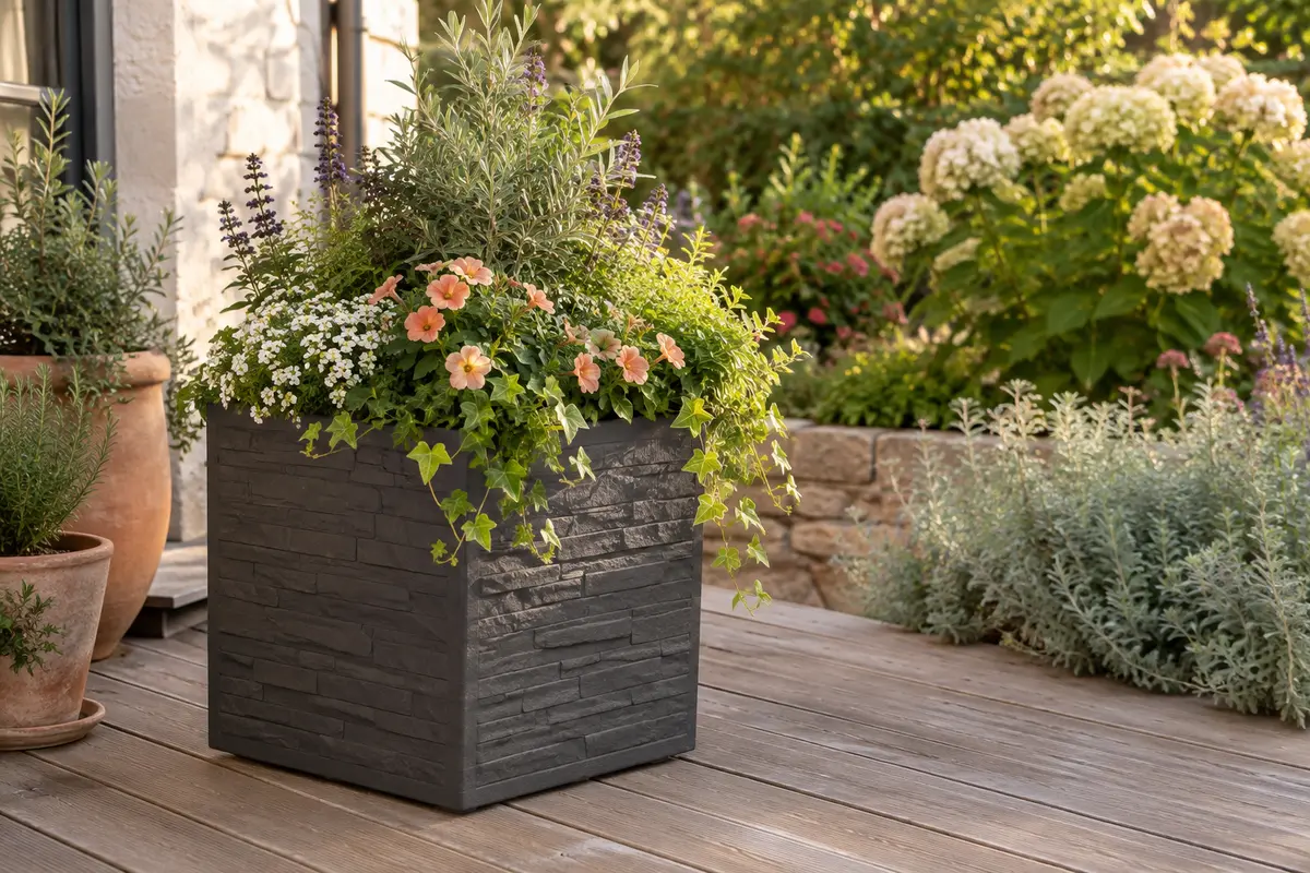 Pot carré Volcania gris anthracite à l’effet pierre, garni de feuillages sur une terrasse en bois.