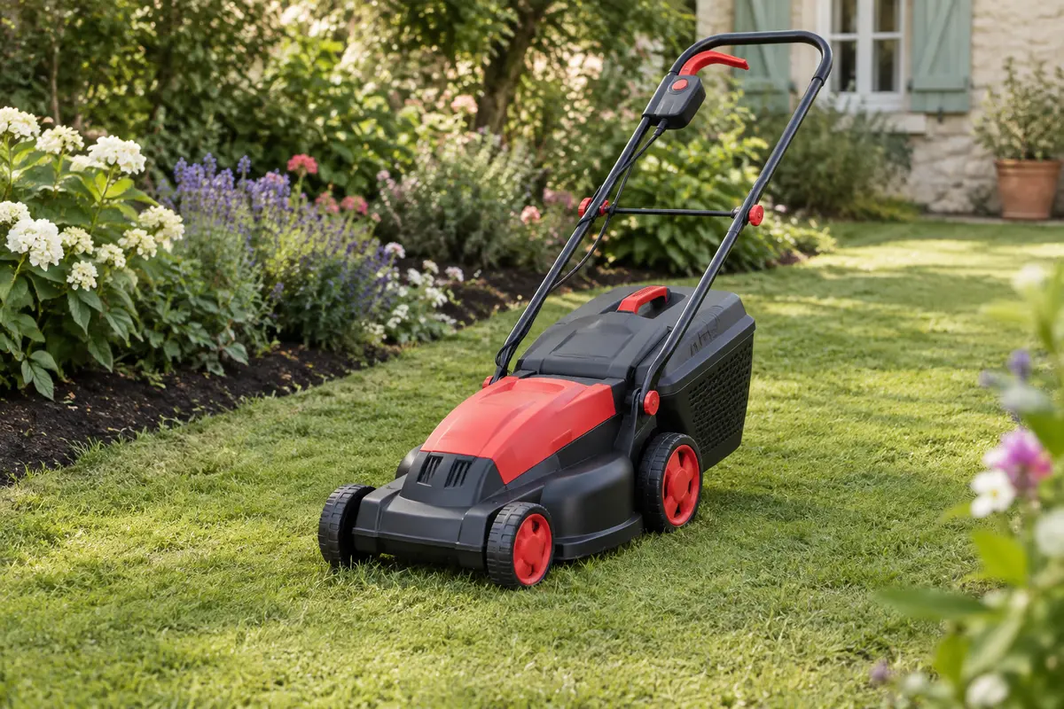 Tondeuse électrique poussée noire et rouge avec bac de ramassage sur une pelouse de jardin