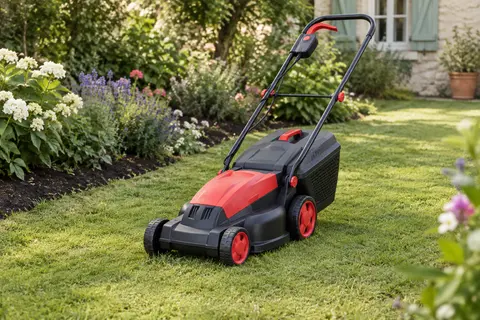 Tondeuse électrique poussée noire et rouge avec bac de ramassage sur une pelouse de jardin
