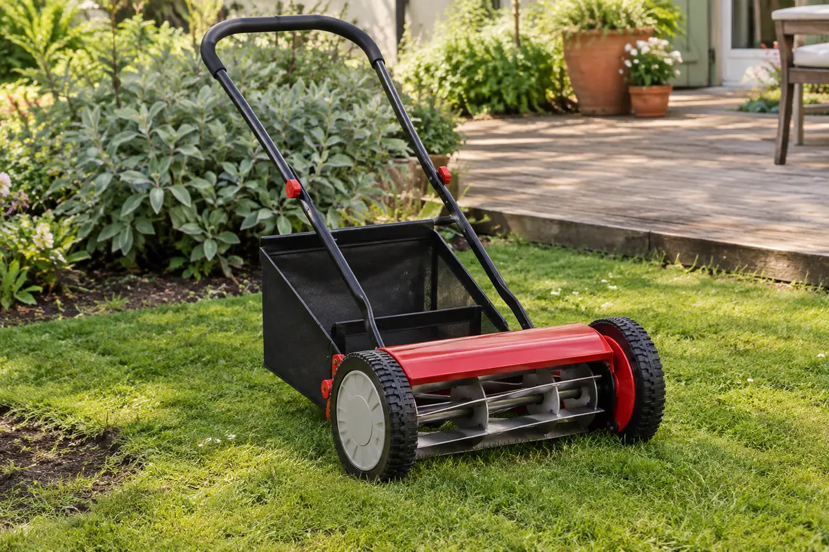 Tondeuse hélicoïdale manuelle rouge et noire avec bac de ramassage sur une pelouse de jardin