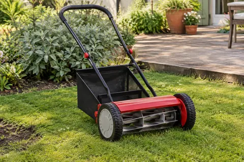 Tondeuse hélicoïdale manuelle rouge et noire avec bac de ramassage sur une pelouse de jardin