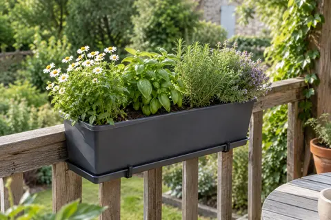 Balconnière rectangulaire anthracite sur un garde-corps, garnie de fleurs et de plantes aromatiques.