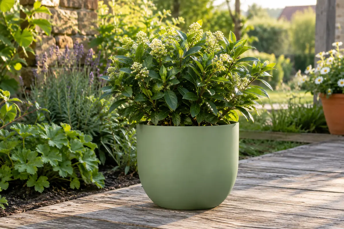 Pot rond Elho vert pistache avec une plante feuillue, posé sur une terrasse en bois au jardin