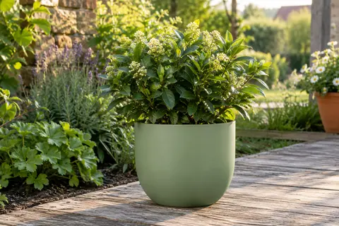 Pot rond Elho vert pistache avec une plante feuillue, posé sur une terrasse en bois au jardin