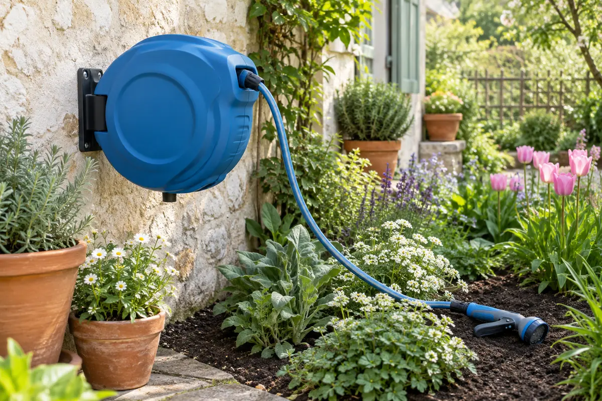 Enrouleur mural bleu avec tuyau rétractable installé près d’un massif fleuri dans un jardin