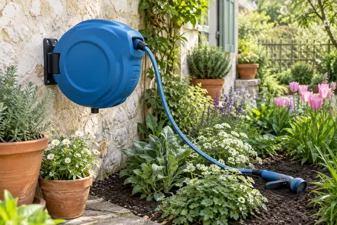 Enrouleur mural bleu avec tuyau rétractable installé près d’un massif fleuri dans un jardin