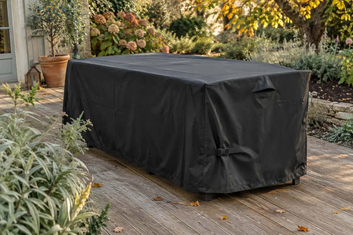 Housse noire en tissu Oxford couvrant une table de jardin sur une terrasse en bois, dans un décor automnal.