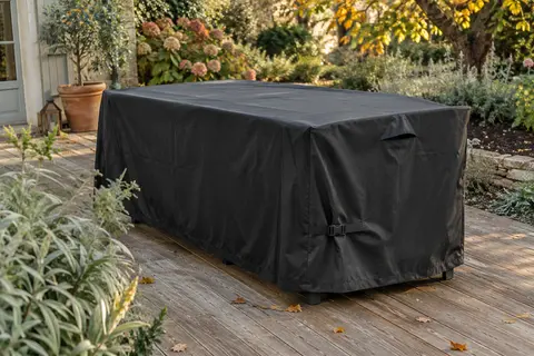 Housse noire en tissu Oxford couvrant une table de jardin sur une terrasse en bois, dans un décor automnal.