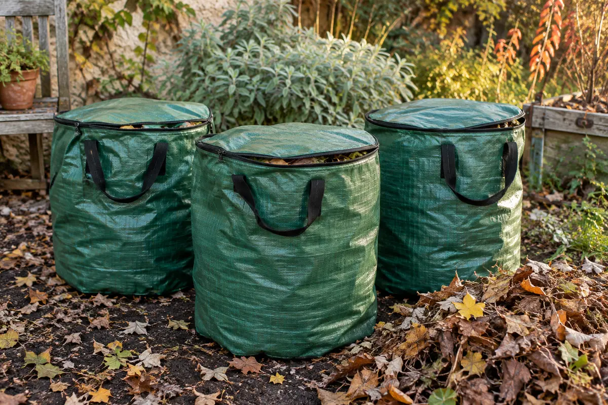 Trois sacs verts en polypropylène tissé avec couvercles zippés, posés parmi des feuilles dans un jardin