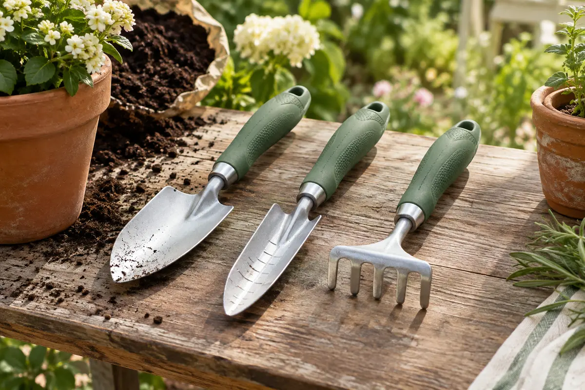 Truelle, transplanteur et râteau à main en aluminium avec poignées vertes posés sur une table de jardin.