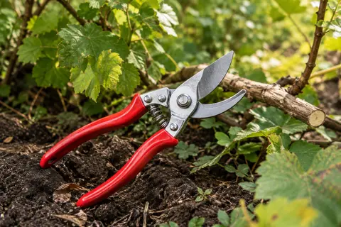Sécateur de jardin rouge FELCO 2 posé près d’une branche fraîchement taillée dans un jardin