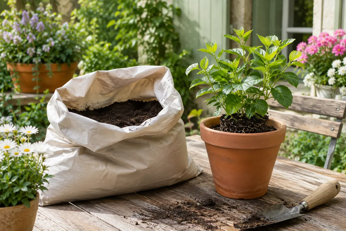 Terreau sombre de rempotage près d’un pot en terre cuite et de plantes fleuries dans un jardin