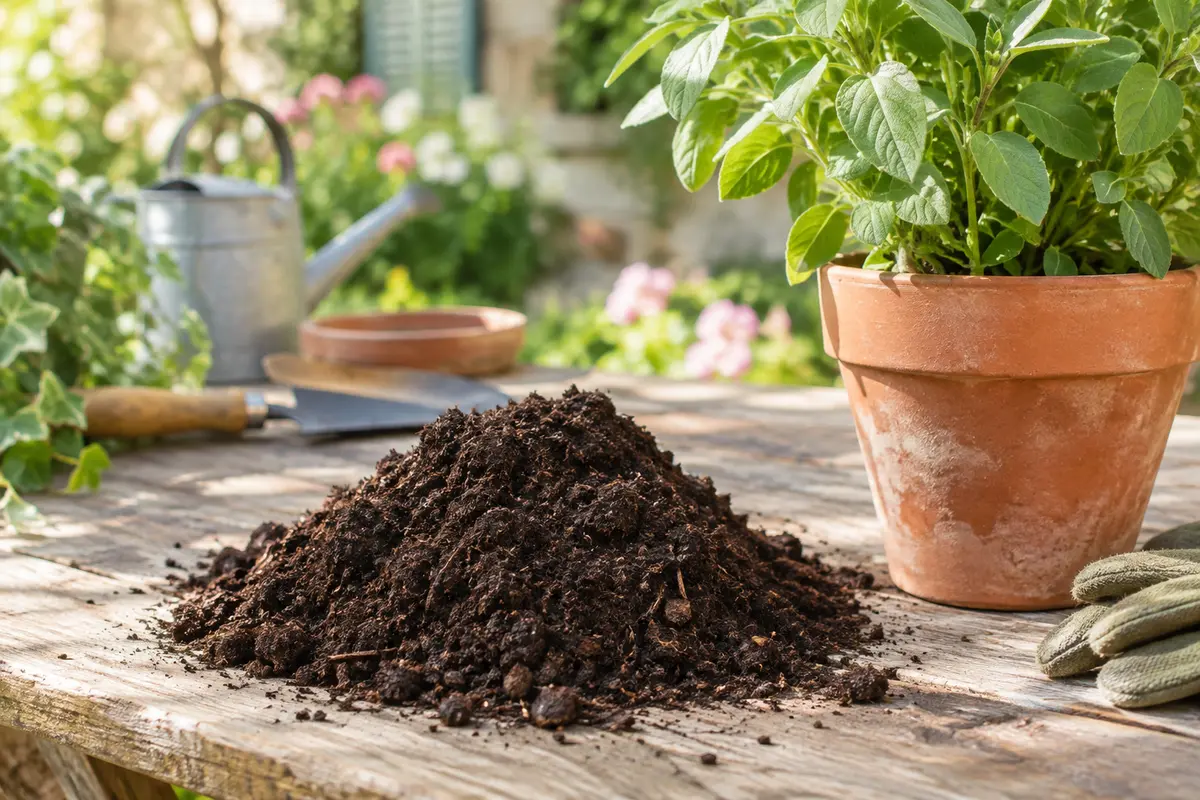 Terreau sombre et légèrement fibreux près d’un pot en terre cuite avec une plante verte.