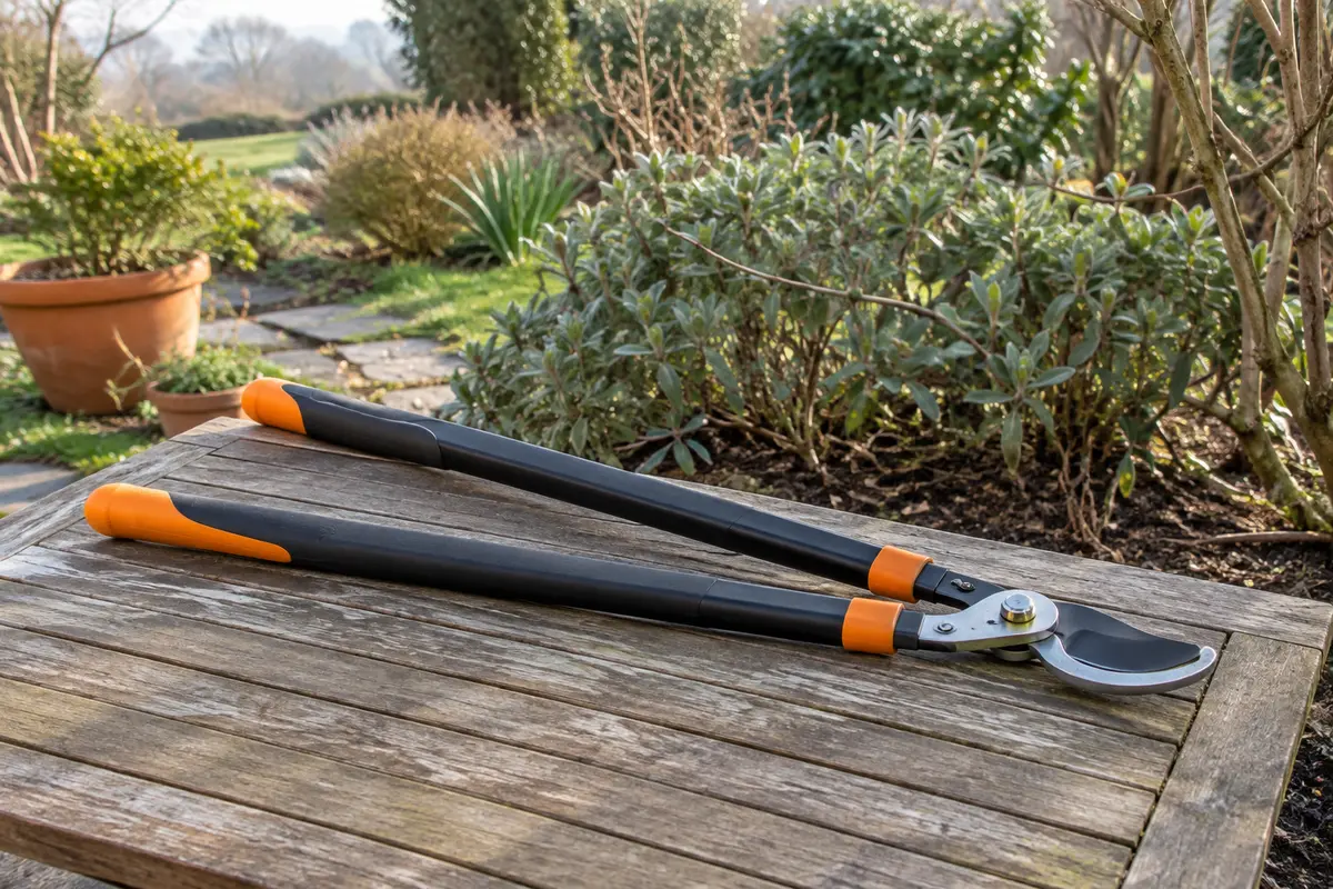 Coupe-branches à lames franches noir et orange posé sur une table en bois dans un jardin