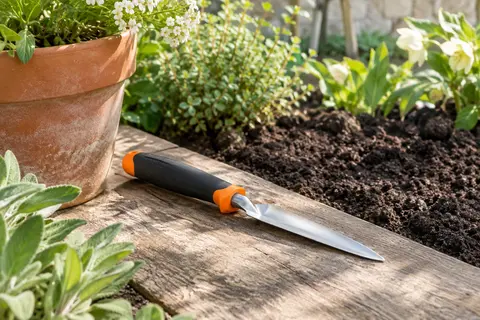 Déplantoir à lame pointue argentée et manche noir et orange posé près d’une jardinière en terre cuite.