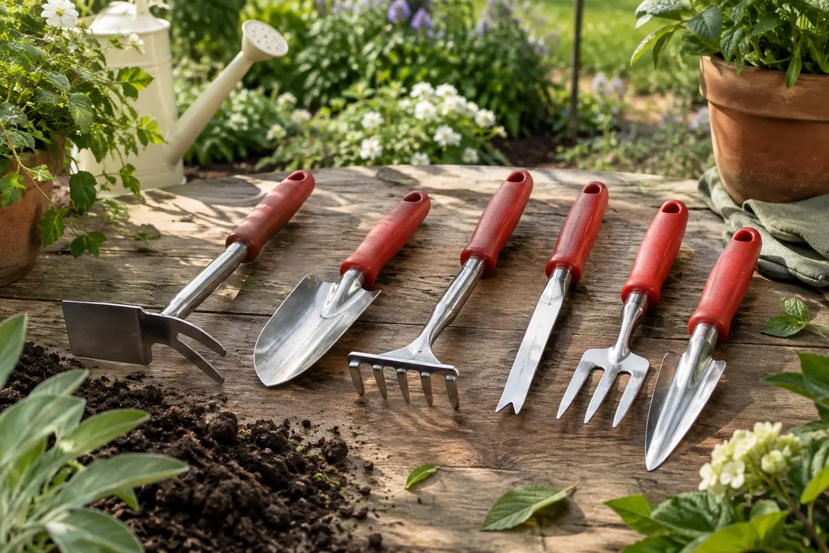 Kit de jardin rouge avec têtes métalliques posé sur une table en bois près d’un massif
