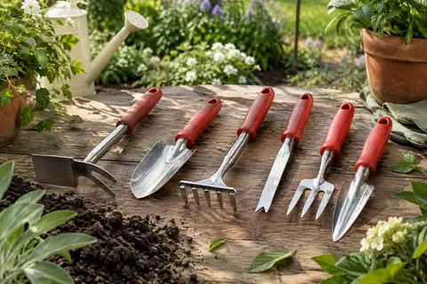 Kit de jardin rouge avec têtes métalliques posé sur une table en bois près d’un massif