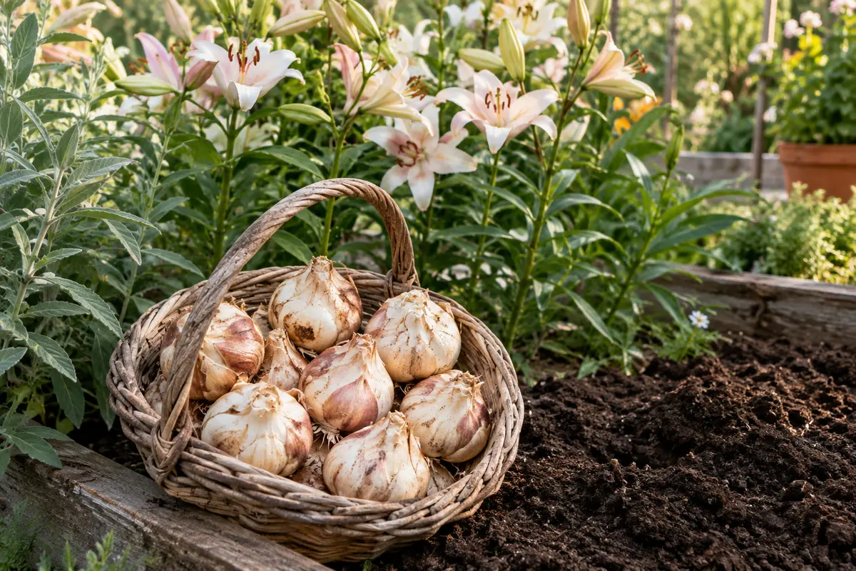 Bulbes de lys dans un panier, avec des lys fleuris en arrière-plan dans un jardin d’été