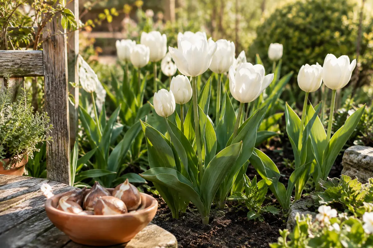 Tulipes simples blanches en fleurs dans un massif printanier, avec des bulbes visibles au premier plan.