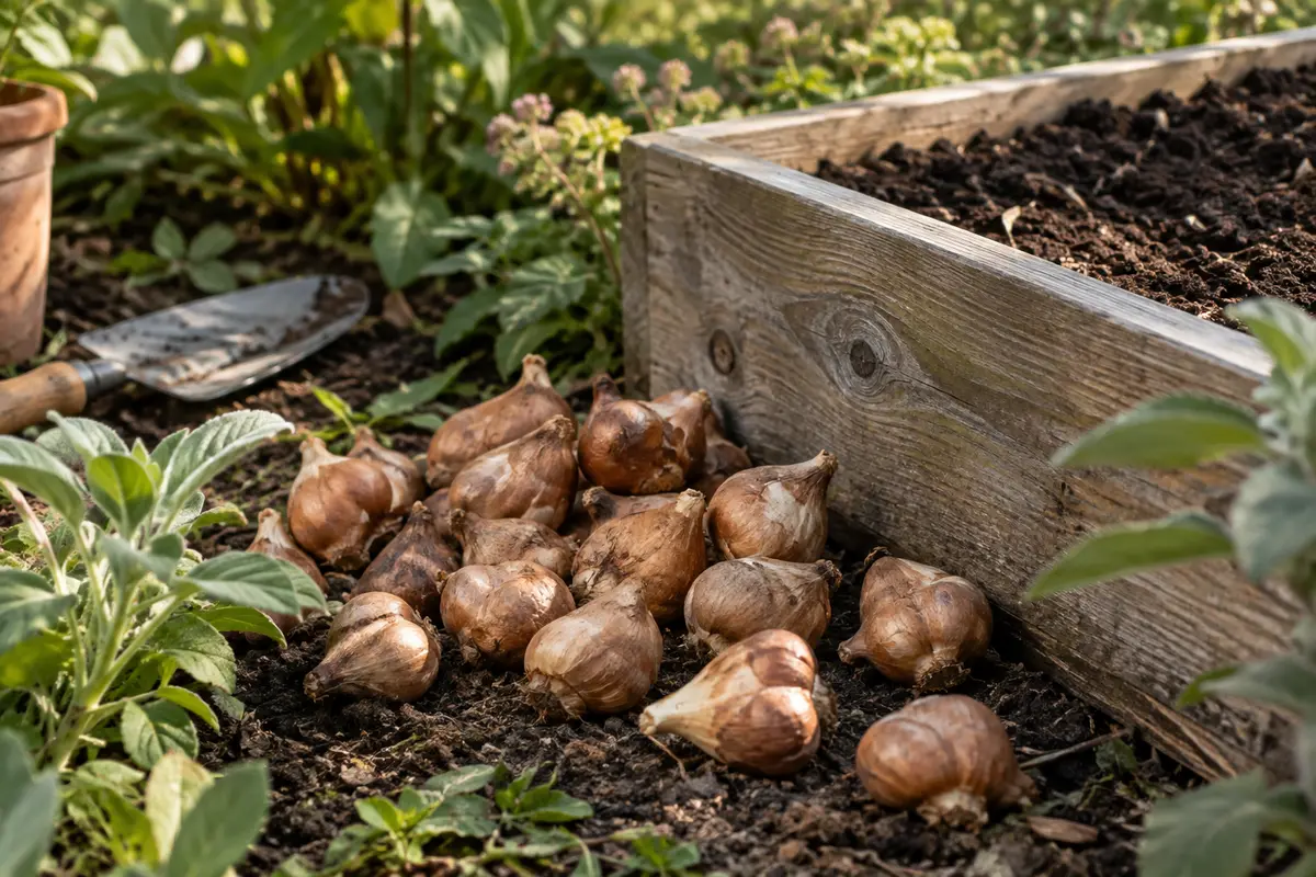 Bulbes de tulipes prêts à planter dans un jardin d’automne, près d’un bac en bois et de terre sombre.