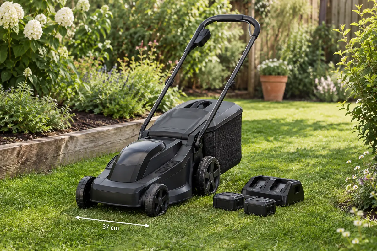 Tondeuse poussée noire à batterie avec bac de ramassage, présentée sur une pelouse dans un jardin