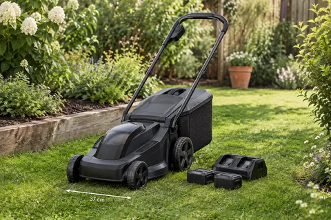 Tondeuse poussée noire à batterie avec bac de ramassage, présentée sur une pelouse dans un jardin
