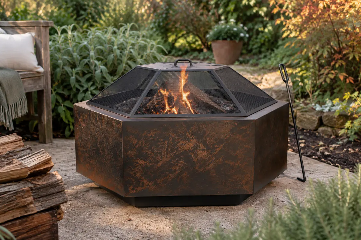 Brasero Gardebruk hexagonal noir effet rouille avec grille pare-étincelles dans un jardin
