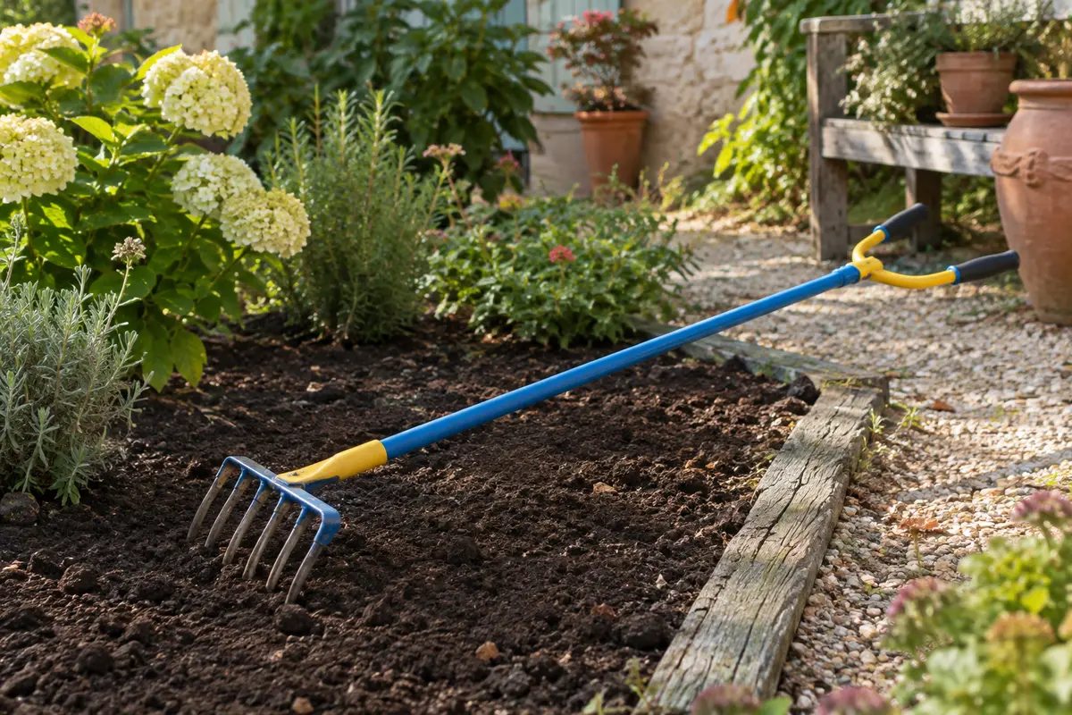 Griffe de jardin manuelle bleu et jaune, avec un long manche et deux poignées, posée près d’une plate-bande.