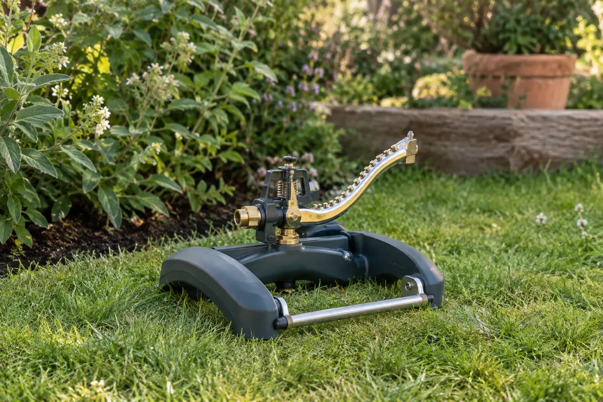 Arroseur-canon Gardena sur traîneau en plastique, avec balancier métallique et gicleurs en laiton dans un jardin
