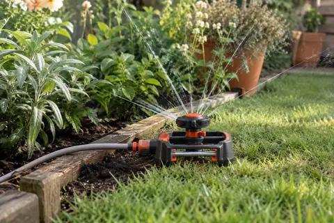 Arroseur carré Gardena Aqua S noir et orange posé au bord d’une pelouse dans un jardin verdoyant