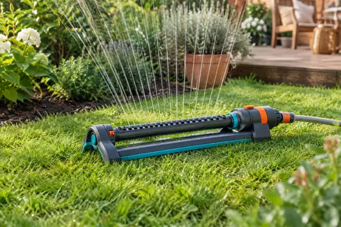 Arroseur oscillant noir, turquoise et orange posé sur une pelouse dans un jardin printanier