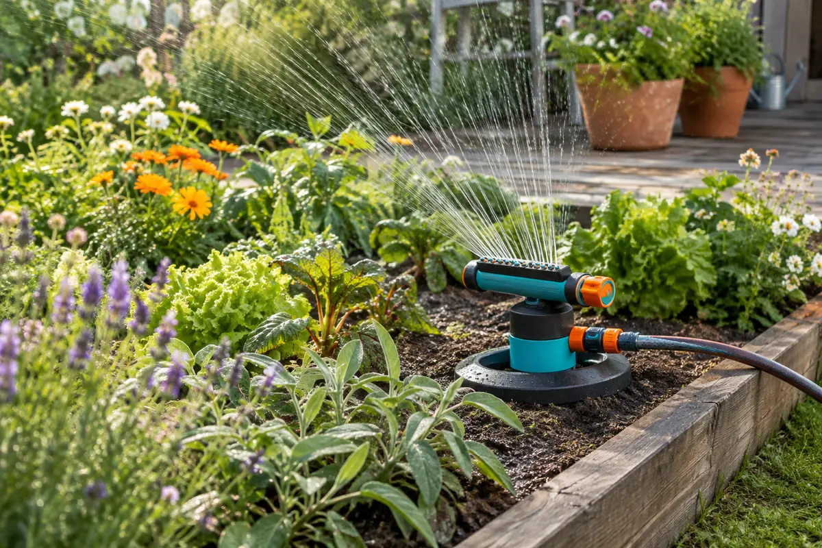Arroseur oscillant compact noir, turquoise et orange installé près d’un massif de légumes au jardin.