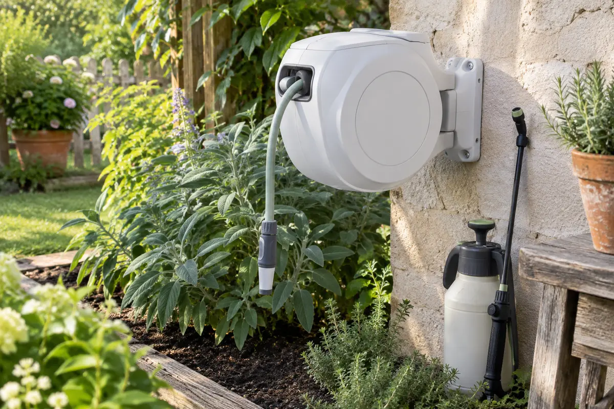 Dévidoir mural automatique blanc avec tuyau déroulé dans un jardin verdoyant