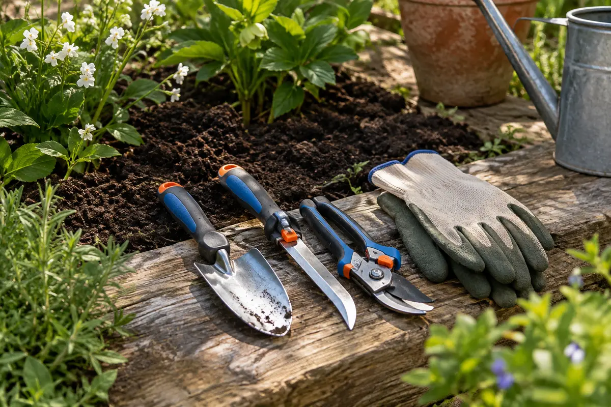Kit de jardinage avec transplantoir, couteau désherbeur, cisailles Classic et gants