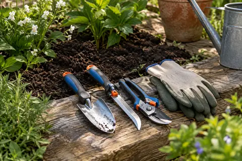 Kit de jardinage avec transplantoir, couteau désherbeur, cisailles Classic et gants