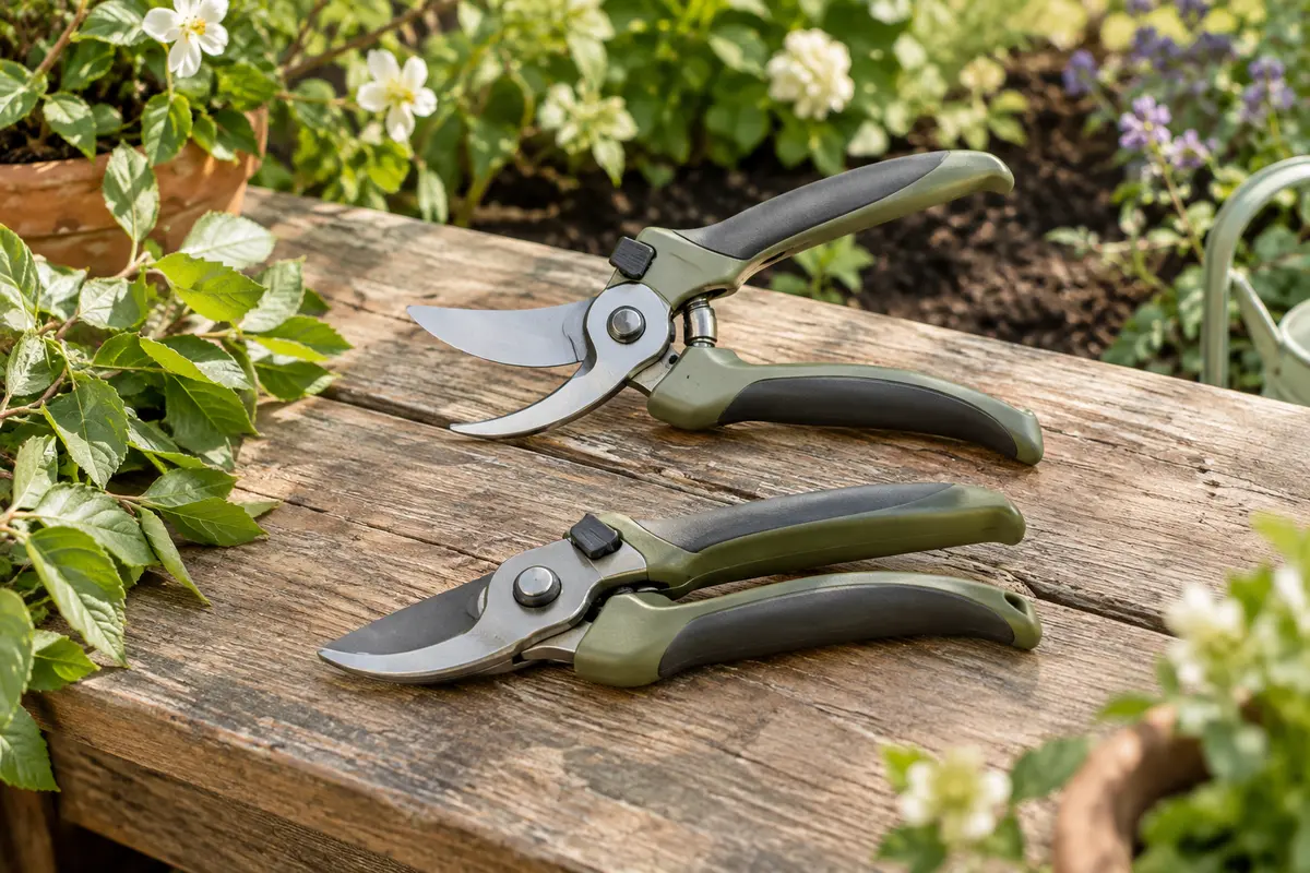 Sécateur Gardena à lame franche posé sur du bois patiné dans un jardin printanier
