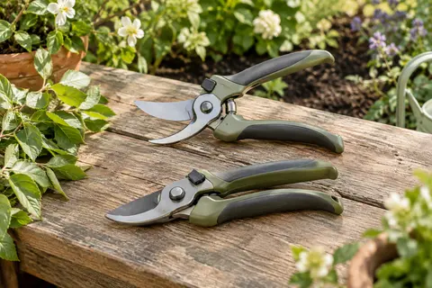 Sécateur Gardena à lame franche posé sur du bois patiné dans un jardin printanier