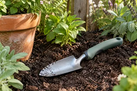 Transplantoir Gardena à poignée ergonomique posé près de jeunes plants dans une jardinière en terre cuite