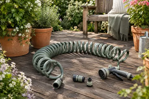 Tuyau d’arrosage spiralé Gardena de 10 m avec ses raccords et son accessoire de pulvérisation.