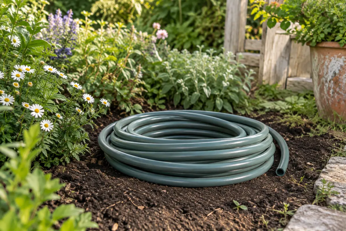 Tuyau d’arrosage Gardena Comfort Flex enroulé près d’un massif dans un jardin printanier
