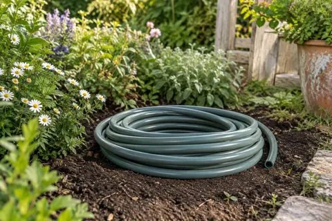 Tuyau d’arrosage Gardena Comfort Flex enroulé près d’un massif dans un jardin printanier
