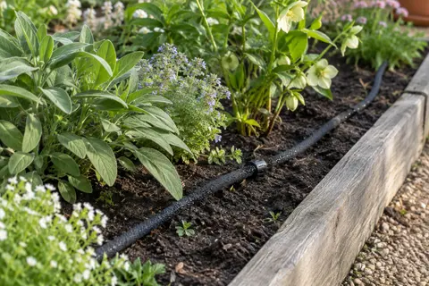 Tuyau d’arrosage micro-poreux noir posé le long d’un massif fleuri dans un jardin