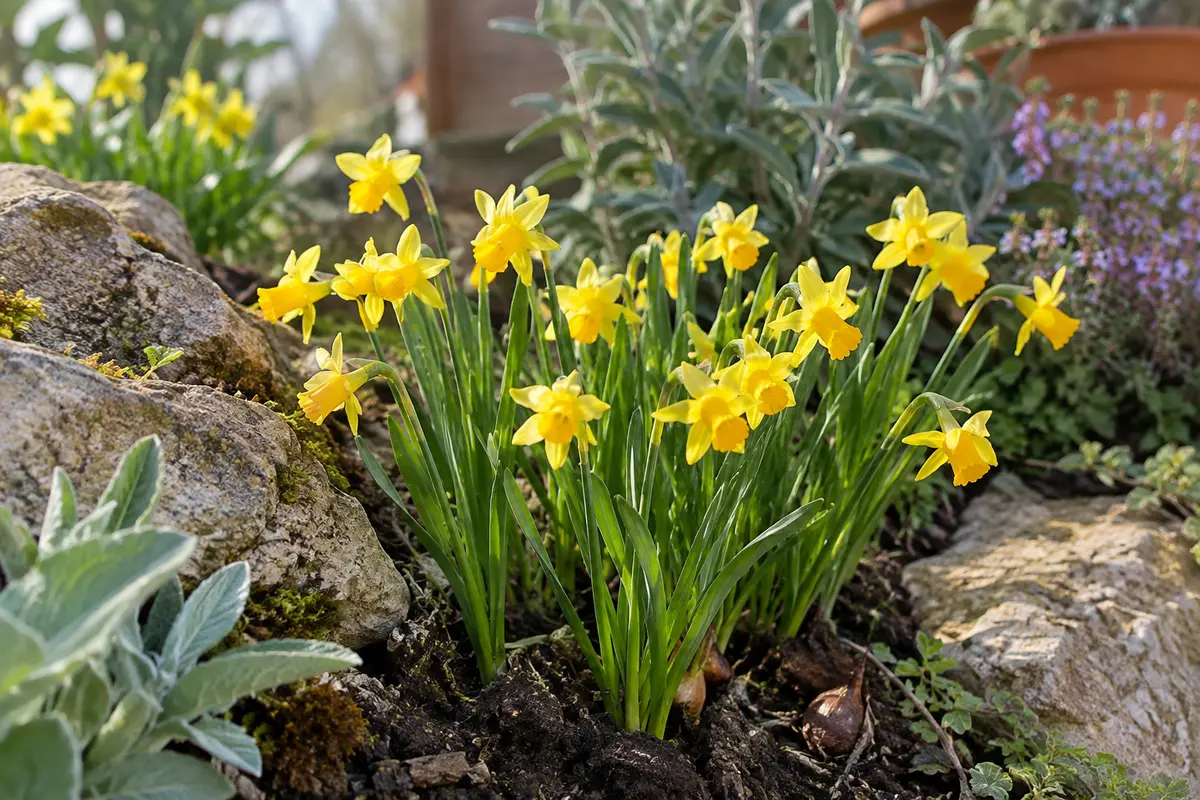 Narcisses Tête-à-Tête nains aux trompettes jaunes en fleurs dans une rocaille de printemps.